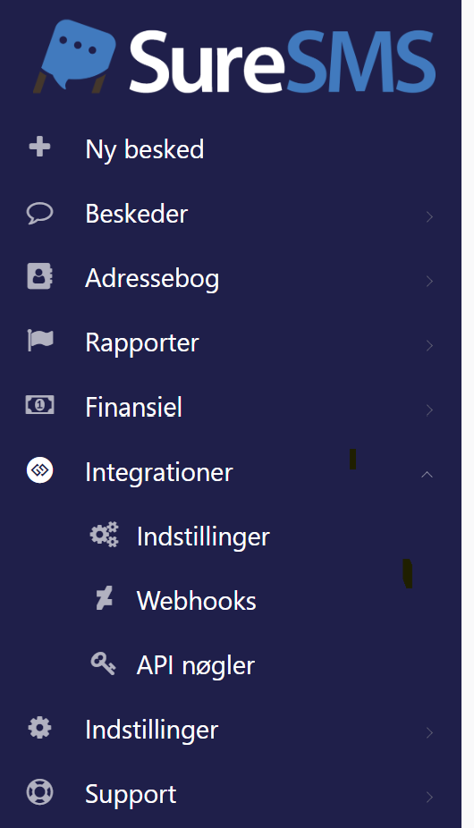 Menu - Integrationer - Indstillinger