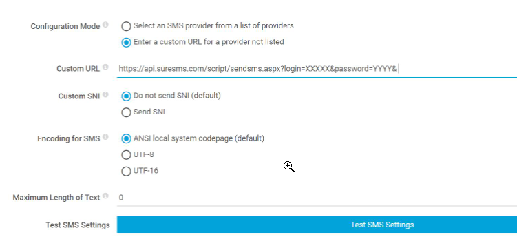 Capture d'écran de la configuration des notifications par SMS dans PRTG