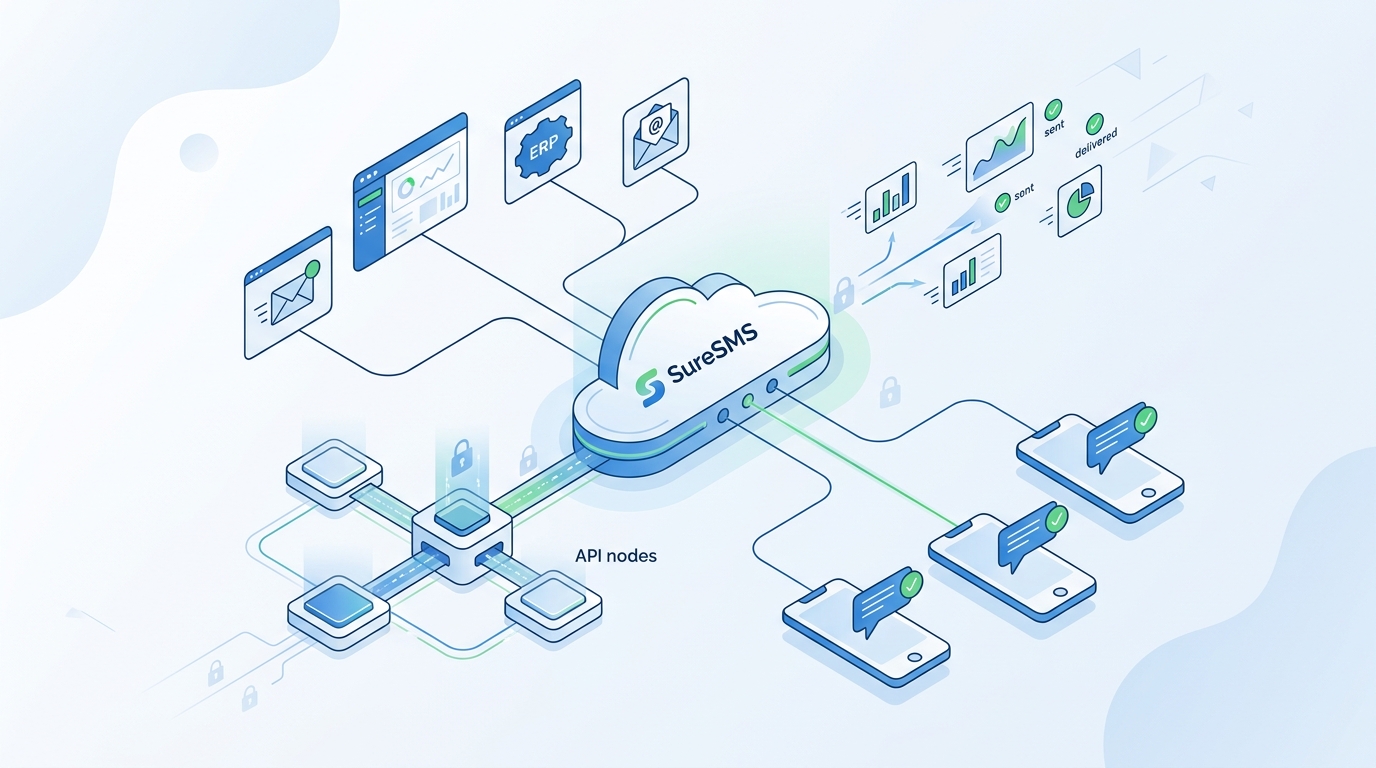 Illustration d'une passerelle SMS d'entreprise avec API, intégration de système et messagerie client sécurisée
