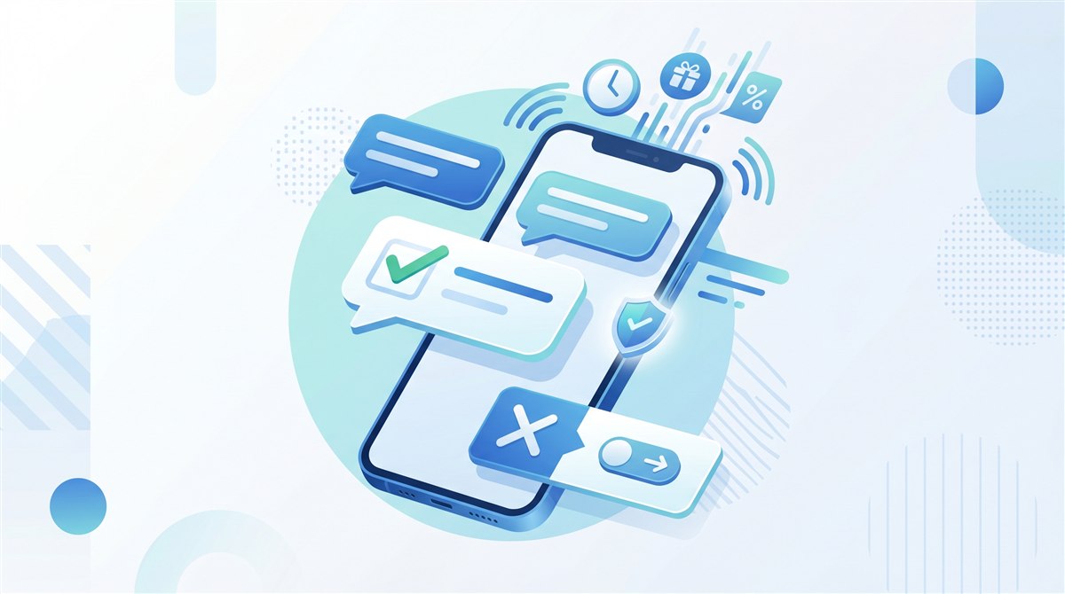 Ilustração do consentimento, da relevância e do cancelamento da subscrição no marketing por SMS