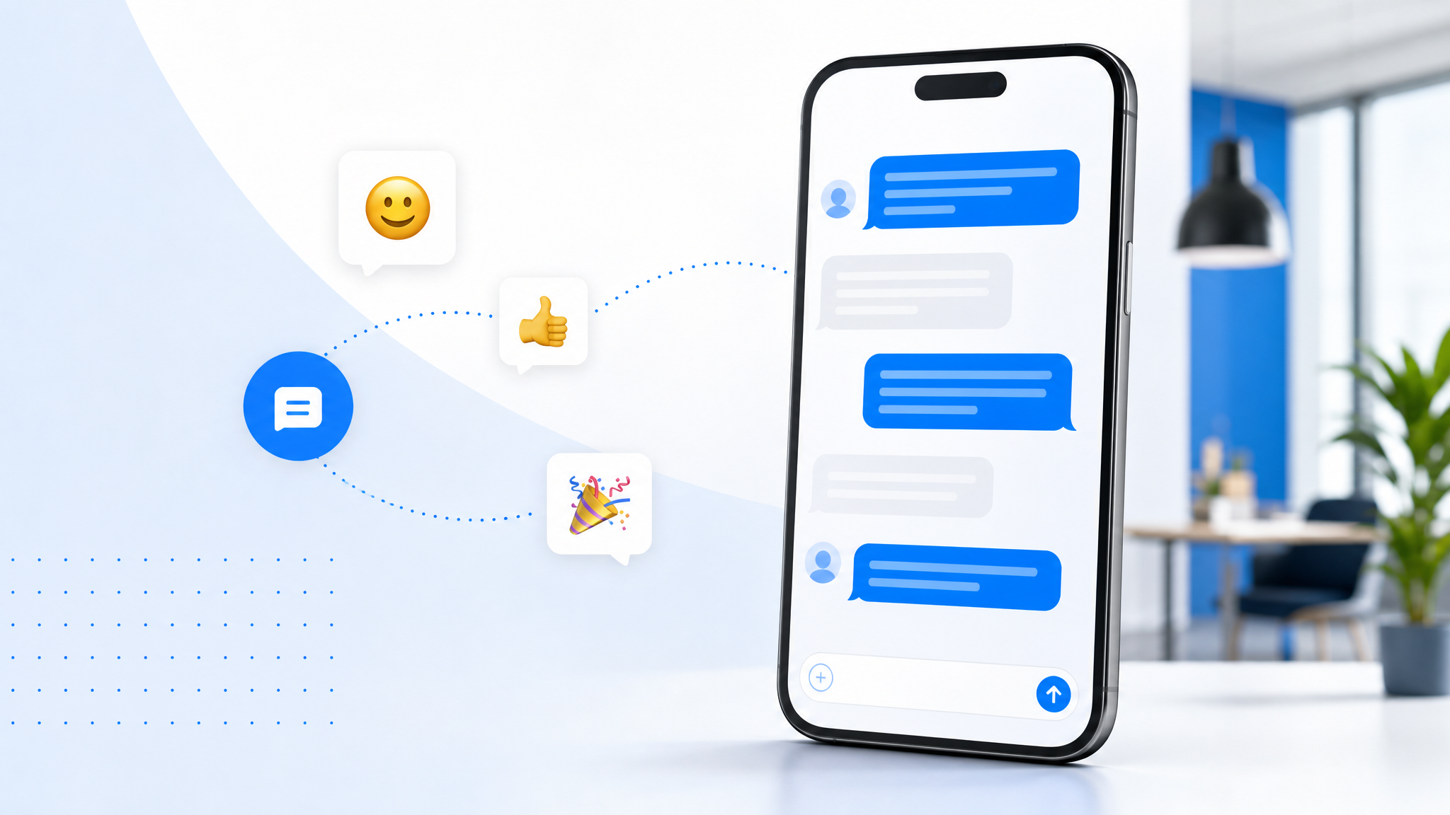 Illustrasjon av SMS-meldinger med diskrete emojier for profesjonell kundekommunikasjon